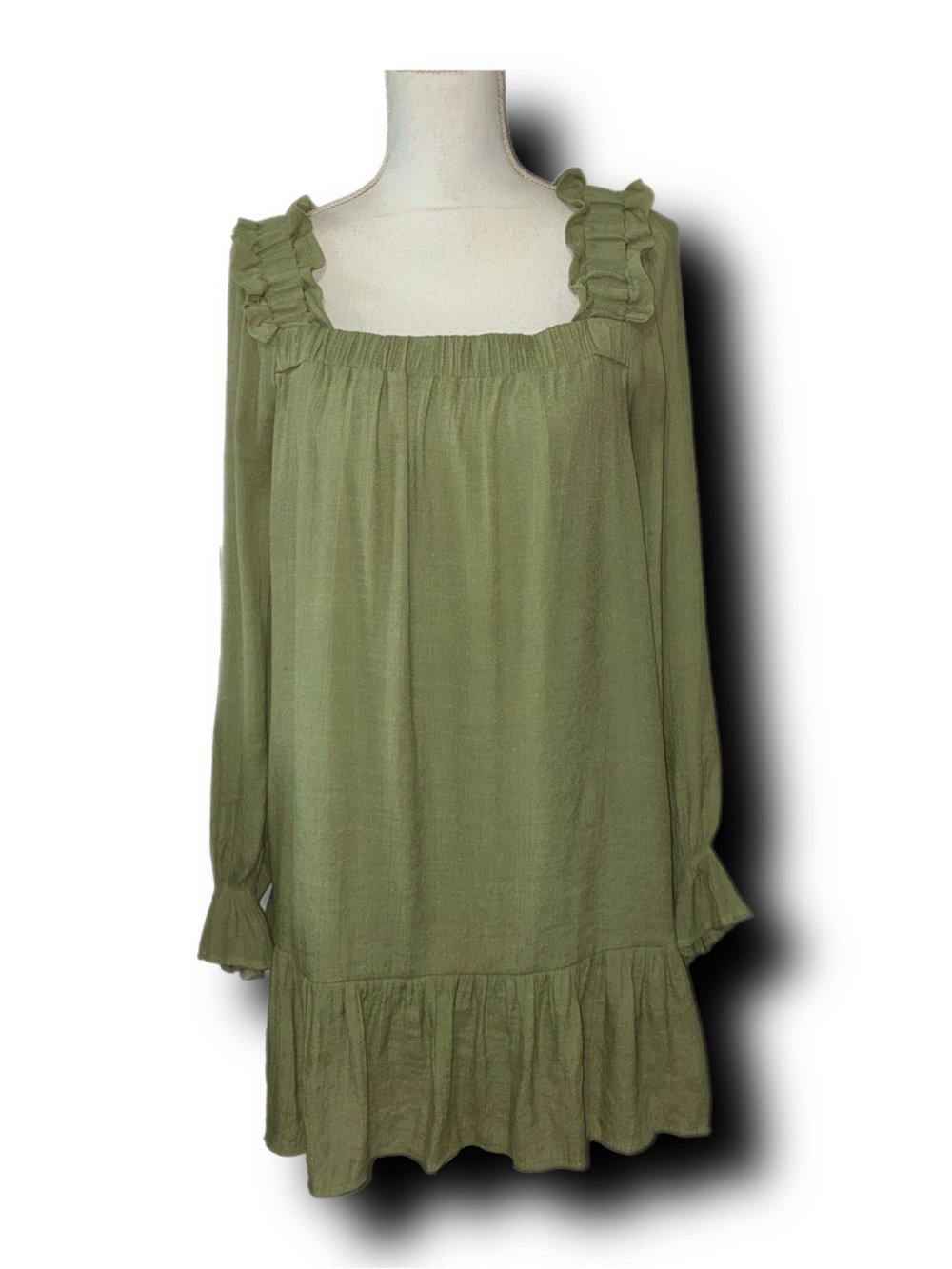 By the River Cottagecore Boho Olive Ruffle-Trim Mini Swing Dress Fall Color Vibe